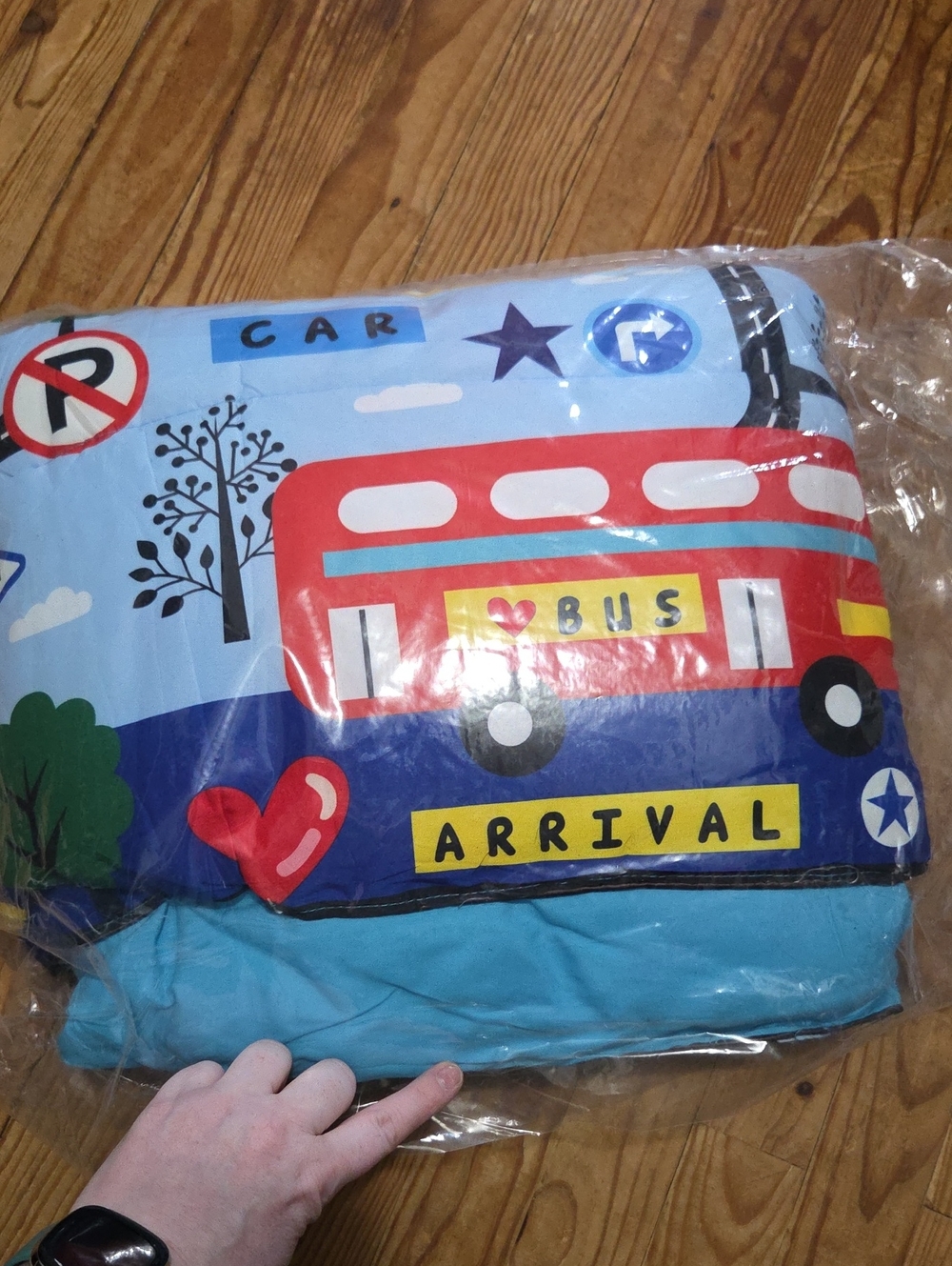 Toddler Bed Comforter Kids Bus Print Pillow Cover - Blue Red